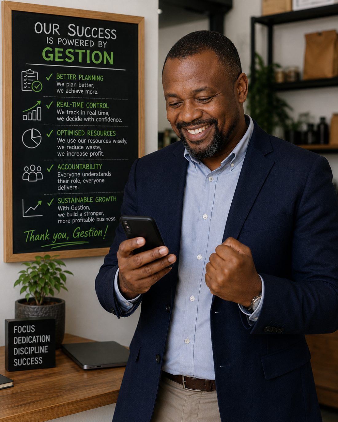 A South African business owner celebrating success — powered by Gestion