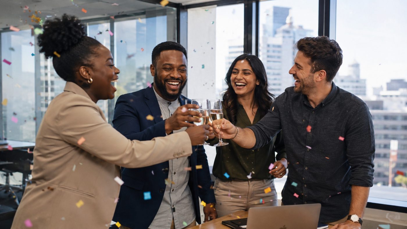 A diverse Gestion customer team — Black, Indian and White colleagues, women and men — celebrating a business milestone together